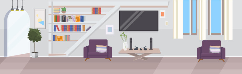 modern living room interior empty no people house room with furniture flat horizontal - obrazy, fototapety, plakaty
