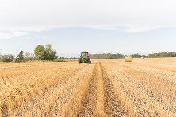 tractor on a swathed field bailing hay