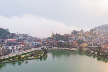 Fototapeta premium Aerial view of sapa city northern vietnam famous place for tourist.sapa district located in Lao cai province north-west of vietnam.