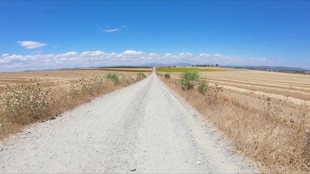 dirt road on a summer landscape approaching Don Benito, province of Badajoz, Extremadura, Spain