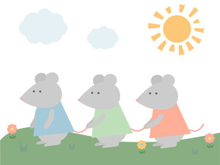 Naklejka premium 電車ごっこするネズミたち 丘の上