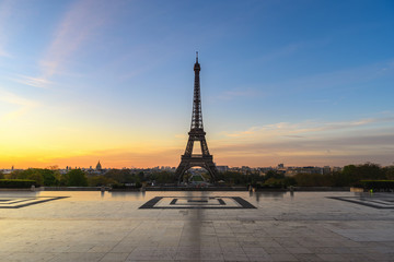 Paris France city skyline sunrise at Eiffel Tower and Trocadero Gardens