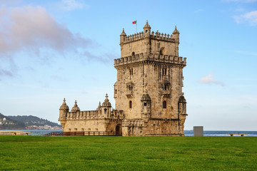Lisbon Portugal city skyline at Belem Tower and Tagus River
