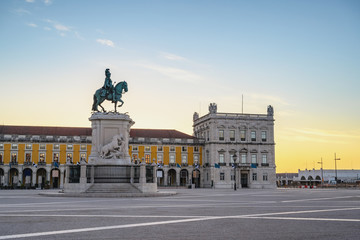 Lisbon Portugal sunrise city skyline at Arco da Rua Augusta and Commerce Square