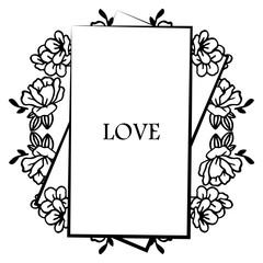 Various shape poster love romantic, with leaf floral frame black and white. Vector
