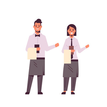 professional waiters couple holding menu man woman restaurant workers in uniform showing hospitality standing together flat full length white background