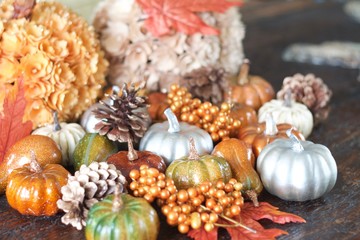 metalic pumpins and pinecones in limited focus with fall decor