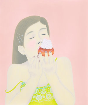 Illustration of woman eating cupcake