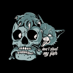 Skull steals fish from cats. Don't steal my fish. Angry spooky cat vector illustration for poster, t-shirt, or sticker
