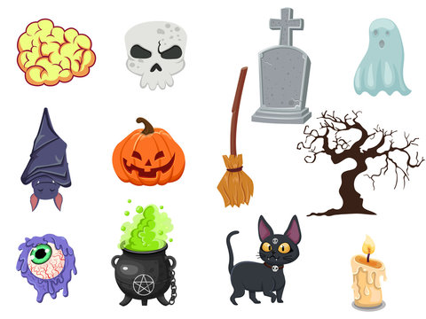 Cartoon Halloween icon set vector. pumpkin, ghost, brain, bat, skull, gravestone, tree, candle, broom, eyeball, cat, witches cauldron. Vector illustration