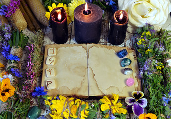 Open book with empty pages, black candles, reiki crystals and herbs on witch table.