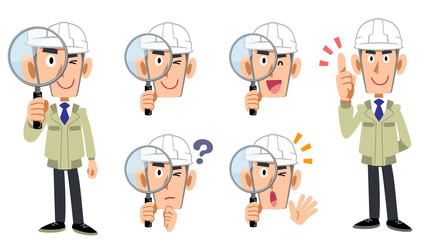 虫眼鏡で調査するヘルメットを被った工務店の男性の全身と表情のセット