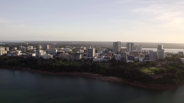 Aerial: The Sun Shines on the Buildings and Parks in Darwin