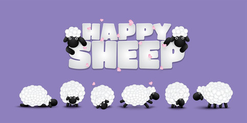 Vector 3d illustration character cute cartoon sheeps playing on purple background.