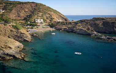Aerial view of resort village Bali and Karavostasis beach. Crete, Greece