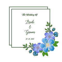 Wedding design template for greeting card bride and groom, with nature leaves and colorful flower frame. Vector