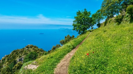 A beautiful walking trail called Path of the Gods, with spectacular views along the Amalfi Coast in Italy.