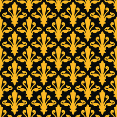 Seamless inverse black and gold ornate froral vintage Fleur de Lis textile pattern vector