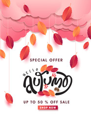Autumn leaves background. Seasonal lettering.vector illustration.Promotion sale banner of autumn season.