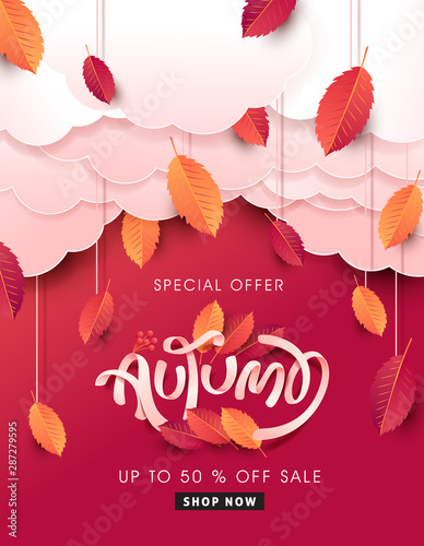 Autumn leaves background. Seasonal lettering.vector illustration.Promotion sale banner of autumn season.