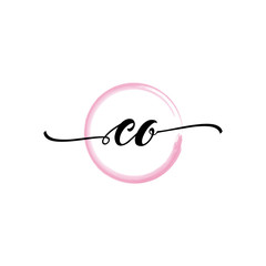 CO initial handwriting logo template, round logo in watercolor color with handwritten letters in the middle. Handwritten logos are used for, weddings, fashion, jewelry, boutiques, flowers, business