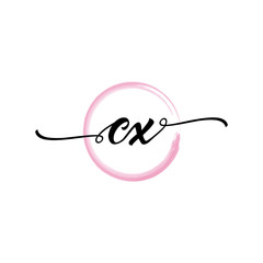 CX initial handwriting logo template, round logo in watercolor color with handwritten letters in the middle. Handwritten logos are used for, weddings, fashion, jewelry, boutiques, flowers, business