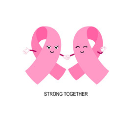 Cartoon pink ribbon character holding hands. Breast Cancer Awareness Month Campaign. Icon design for poster, banner, t-shirt. Illustration isolated on white background.