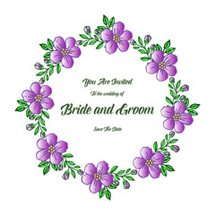 Graphic green leaves and purple wreath frame, for style design of card bride and groom. Vector