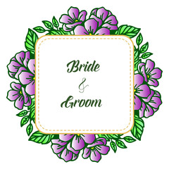 Graphic green leaves and purple wreath frame, for style design of card bride and groom. Vector