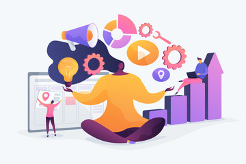 Office work stress relief exercise. Woman sitting in lotus yoga pose. Self-management, self regulation learning, self-organization course concept. Vector isolated concept creative illustration
