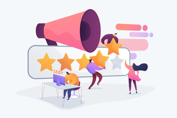 Customer experience and website feedback. Five stars client review. PR and promotion campaign. Rating scale, high-ranking, top-ranking concept. Vector isolated concept creative illustration