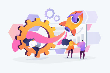 Business development and startup. Worker in space rocket. Success and work improving. Productivity, efficiency of production, qualification concept. Vector isolated concept creative illustration