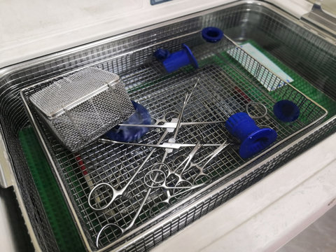 Procedure to clean medical equipment with UltraSonic machine in the central sterile supply department.The process of cleaning the medical device with the ultrasonic.