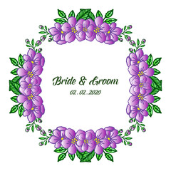 Bright beautiful purple wreath frame, for decoration template of card bride and groom. Vector