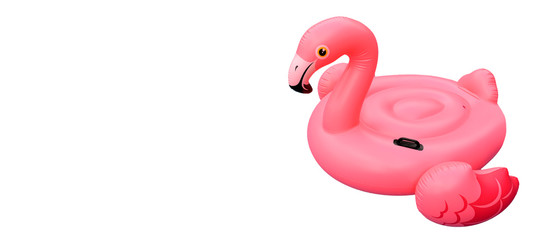 Swimming pool toy in shape of pink flamingo isolated on white