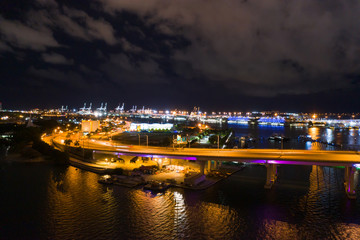 Aerial night photo Miami Macarthur Causeway and Port of Miami Florida USA