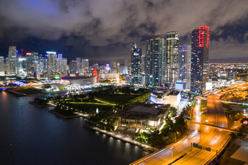 Fototapeta na wymiar City lights of Downtown Miami Florida aerial drone photo