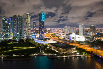 Fototapeta na wymiar Aerial Miami night city scene Museum Park