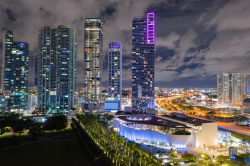 Fototapeta na wymiar Bright city lights of Downtown Miami FL