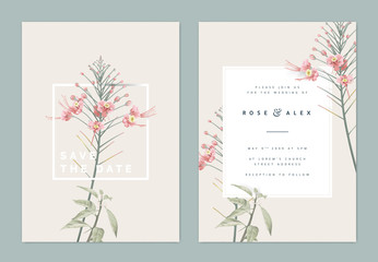 Botanical wedding invitation card template design, pink peacock flowers with white frame on light brown, vintage pastel theme