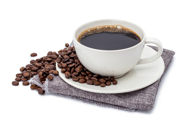 coffee cup on sackcloth isolated on white background.