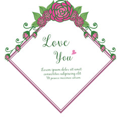 Romantic card for text love you, with style of modern rose wreath frame. Vector