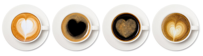 Panele Szklane  asortyment filiżanek kawy z kolekcji widok z góry znak serca na białym tle.