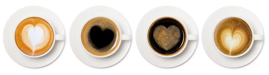 Fotobehang Koffie koffiekopje assortiment met hart teken bovenaanzicht collectie geïsoleerd op een witte achtergrond.