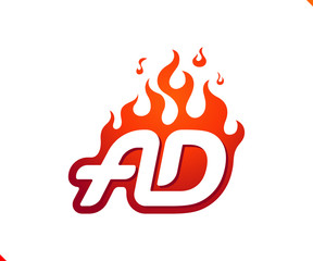 Uppercase initial logo letter AD with blazing flame silhouette,  simple and retro style logotype for adventure and sport activity.