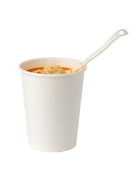 Cup noodle and fork isolated on white background with clipping path