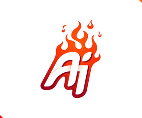 Uppercase initial logo letter AI with blazing flame silhouette,  simple and retro style logotype for adventure and sport activity.