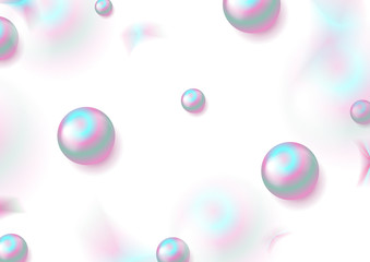 Holographic circle beads and blurred confetti. Abstract minimal futuristic background. Colorful 3d spheres. Vector design