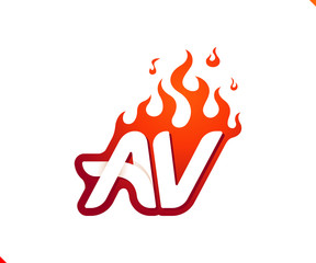 Uppercase initial logo letter AV with blazing flame silhouette,  simple and retro style logotype for adventure and sport activity.