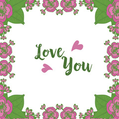 Element for romantic design isolated on white background for card love you, with green leafy flower frame. Vector